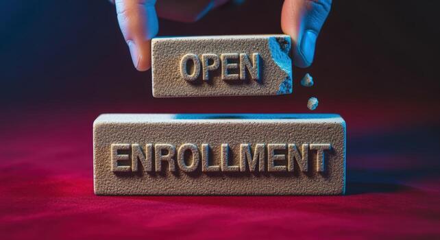 Open Enrollment Concept Hand Placing Open Block on Enrollment Block, Symbolic of Opportunity and New Beginnings photo