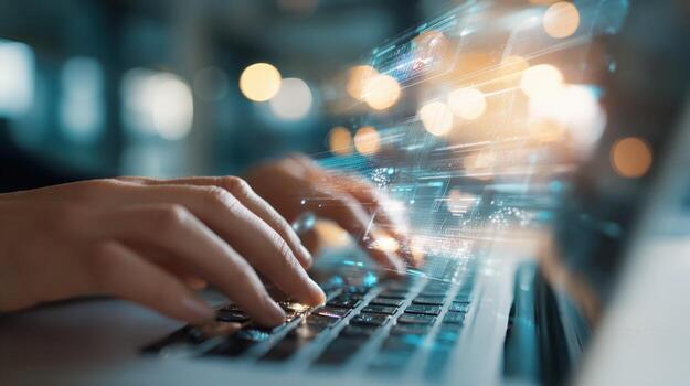 Hands Typing on Laptop with Abstract Data Stream Overlay - Technology and Connectivity photo