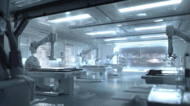 Futuristic Automated Factory with Robotic Arms Assembling Products, Cleanroom Environment, High-Tech Manufacturing and Advanced Automation photo