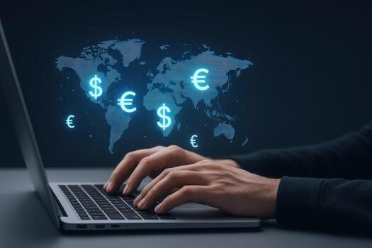 Global Finance and Currency Exchange Concept Person Using Laptop for International Transactions and Investment photo