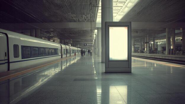 Modern Train Station with Advertising Billboard Mockup Display at Platform for Travel and Transportation photo
