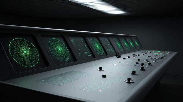 Futuristic Radar Control Room Displaying Green Scans, Showing Modern Surveillance Technology for Navigation and Tracking photo