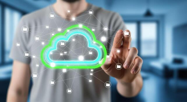 Cloud Technology Visualization Man Interacting with Digital Cloud Interface for Data Storage and Computing photo