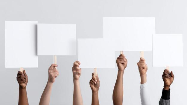 Diverse Hands Holding Blank Protest Signs Raised in the Air Against a White Background photo