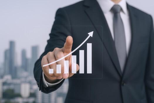 Business Professional Demonstrating Growth with Rising Bar Chart and Arrow in a Modern Urban Setting photo