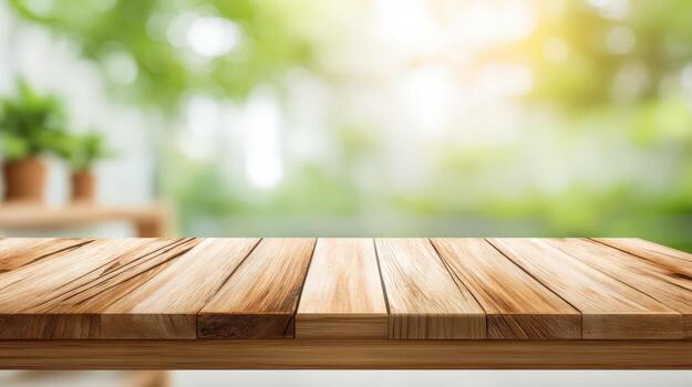 Wooden Table Top with Blurred Green Garden Background, Perfect for Product Display and Mockups photo