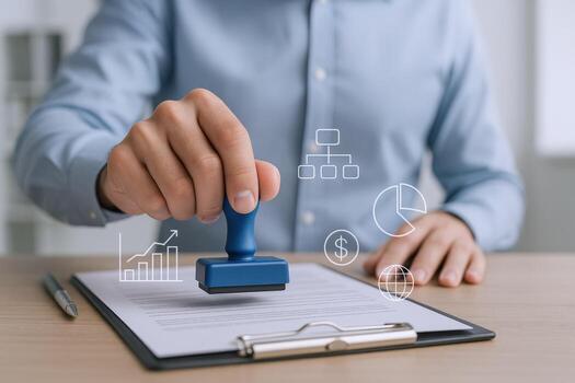 Man Stamping Document on Clipboard with Graphic Overlays Illustrating Business Approval and Financial Growth photo