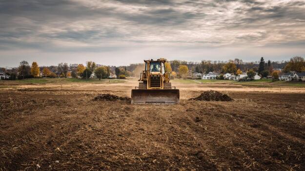 Bulldozer Leveling Construction Site for New Development Under a Cloudy Sky, Ensuring Level Ground and Proper Drainage photo