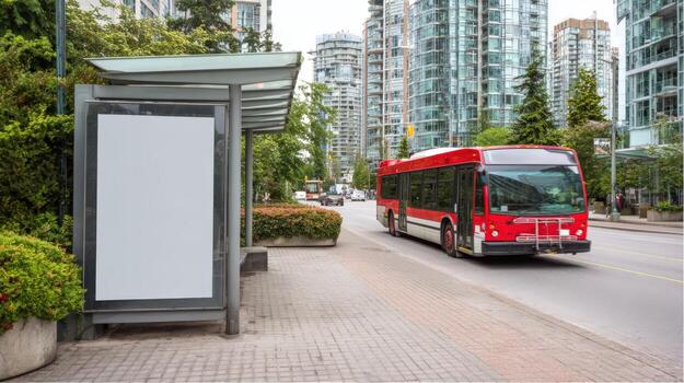 City Bus Stop with Blank Advertisement Space and Modern Architecture in Urban Environment photo