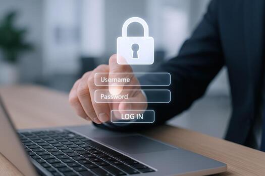 Data Security Concept Businessman Securing Digital Information with Password and Encryption for Online Protection photo