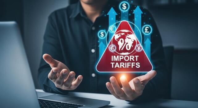 Import Tariffs Concept Man Presenting Global Trade Fees with Currency Symbols and Arrows photo