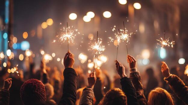 Celebration with Sparklers at Night Festive Crowd Enjoying Fireworks in an Urban Setting photo