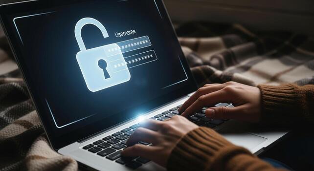 Cybersecurity Concept Person Typing on Laptop with Unlocked Padlock Representing Data Protection photo