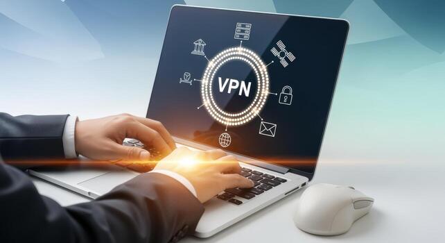 VPN connection on laptop Cybersecurity, data encryption and internet privacy for secure network concept photo