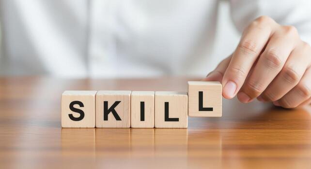 Skill Development Concept Hand Placing Wooden Block to Complete the Word on Table photo