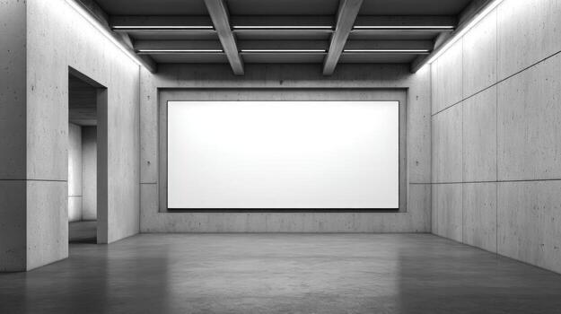 Modern Concrete Room with Blank White Screen, Ideal for Presentations or Mockups in Minimalist Style photo