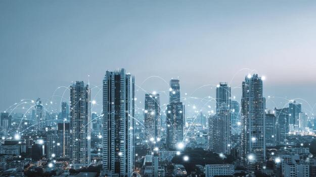 Modern Cityscape with Network Connections High-Rise Buildings and Digital Communication Infrastructure at Night photo