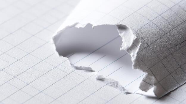 Torn Graph Paper Close-Up Conceptual Image of Loss, Damage, or Creative Disruption on White Background photo