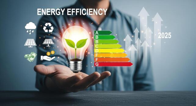 Energy Efficiency Concept Lightbulb with Plant Sprouts, Energy Rating Scale, and Arrows for Growth photo