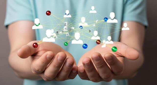 Human Resources Network Concept Person Holding Virtual Team, Illustrating Connection, Collaboration, and Social Networking on Light Background photo