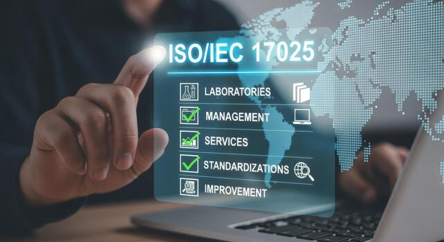 ISO IEC Standard Compliance Concept Man Interacting with Digital Interface for Laboratory Accreditation and Management photo
