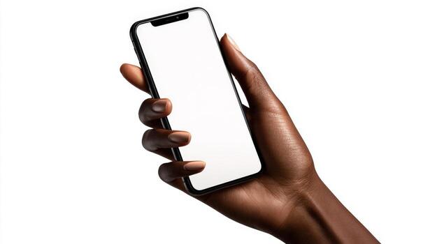 Hand Holding Smartphone with Blank Screen Mockup Isolated on White Background for UIUX Design photo