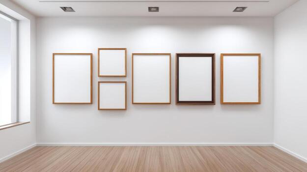 Gallery Wall Mockup with Assorted Frames in Modern Interior for Art Display or Showcase photo