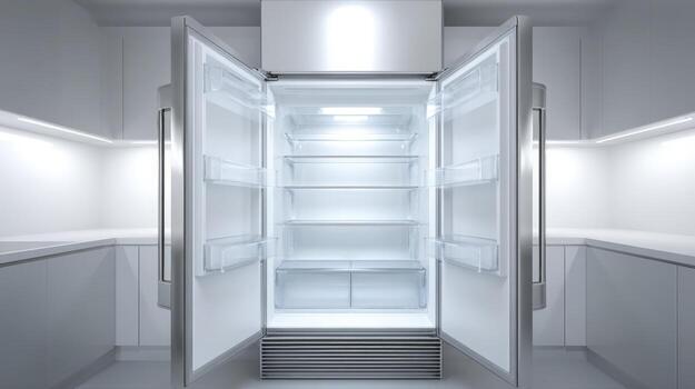 Open Empty Refrigerator in a Modern Kitchen, Showcasing Cleanliness and Space, Ideal for Food Storage Concepts photo