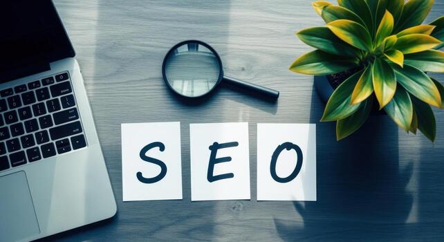 SEO Concept on Workspace Laptop, Magnifying Glass, and Plant for Search Engine Optimization Strategy photo