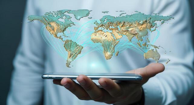 Global Connectivity Concept Man Holding Phone with Digital World Map and Data Network Visualization photo