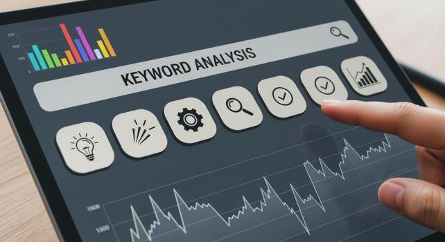 Digital Keyword Analysis on Tablet Screen Showing Data Charts and Business Analytics Interface, Search Engine Optimization photo