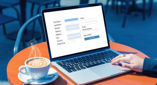 Online Form on Laptop with Coffee Cup Digital Registration and Data Entry Concept photo