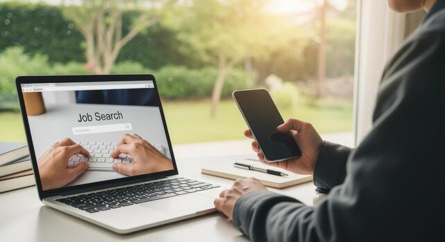 Person Using Laptop for Job Search with Mobile Phone, Application Process, Online Employment photo