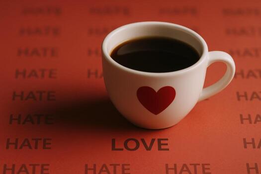 Coffee Cup with Heart Graphic Symbolizing Love Over Hate on a Red Background photo