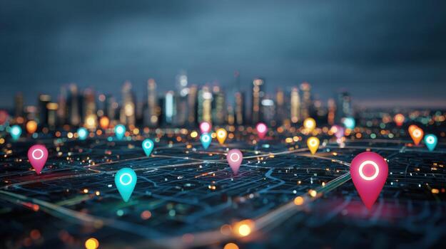 Digital City Map with Location Pins, Technology Concept for Urban Planning and Navigation Systems photo