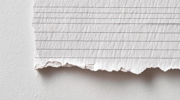 Torn Lined Paper Fragment on White Background, Close-up Texture for Creative Projects photo