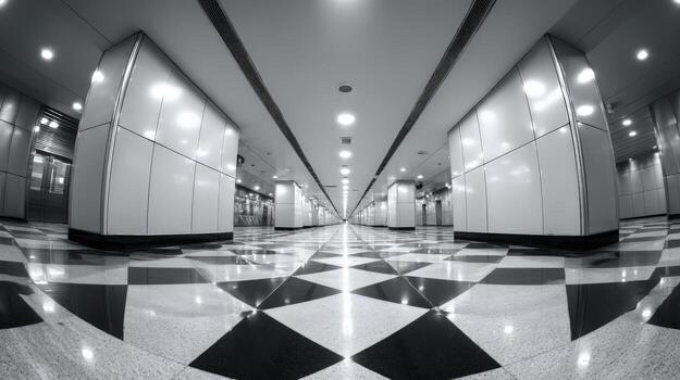 Perspective View of Empty Modern Subway Station Interior with Black and White Tiled Floor photo