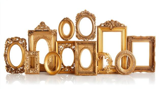 Collection of Ornate Empty Gold Picture Frames, Assorted Styles on a White Background photo