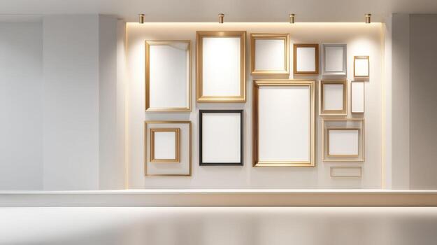 Gallery Wall with Multiple Frames Mockup, Empty Frames on a White Wall in a Bright Exhibition Room photo