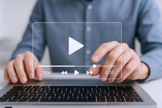 Man Using Laptop Watching Online Content, Touching Playback Interface for Educational or Entertainment Purposes photo