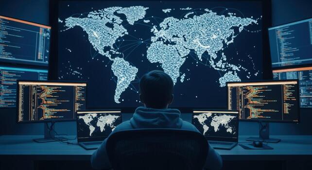 Cybersecurity Expert Analyzing Global Network Data on Multiple Screens in a Dark Control Room photo