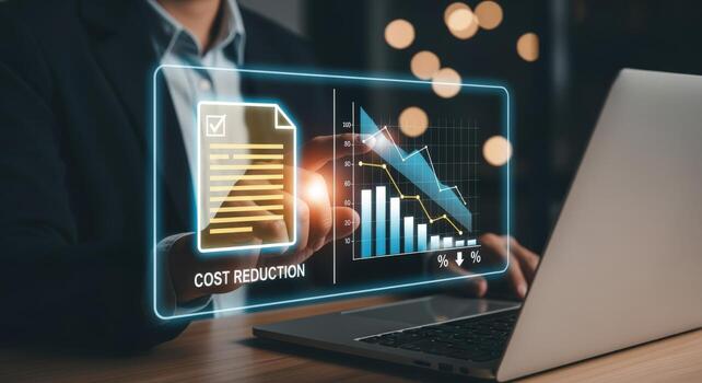 Analyzing Cost Reduction Strategies with Digital Interface Business Professional Optimizing Financial Performance Using Technology photo