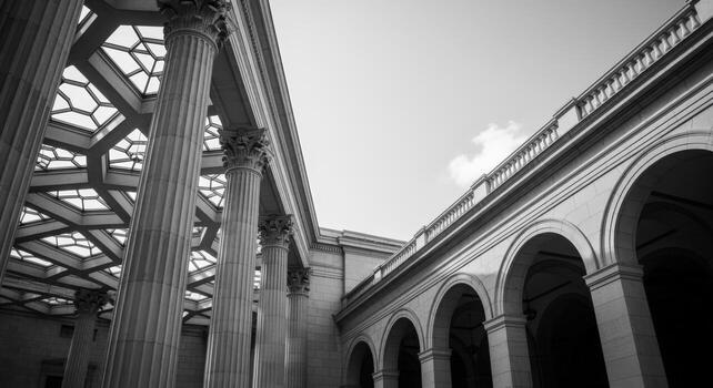 Architectural Grandeur Black and White Image of Ornate Columns and Arches in a Classic Building photo