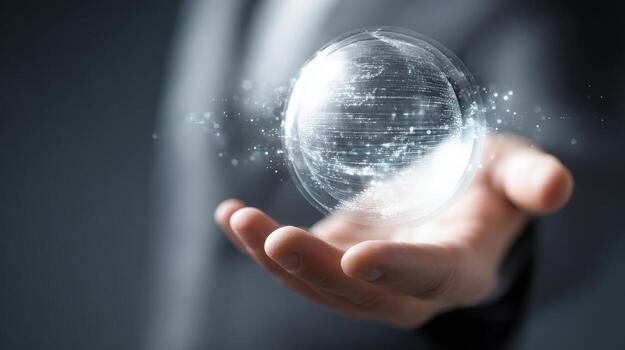 Hand Holding Digital Globe Futuristic Technology Concept for Global Connectivity and Innovation photo