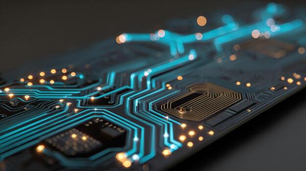 Futuristic Motherboard Circuitry with Glowing Traces High-Tech Innovation and Connectivity for Digital Solutions photo