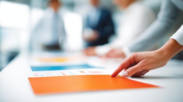 Business Professionals Collaborating on Strategy with Document Review in a Modern Office Setting photo
