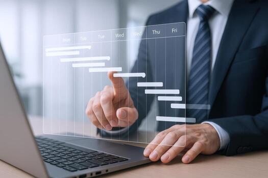 Project Management Visualization Businessman Interacting with Gantt Chart on Laptop for Planning and Scheduling photo