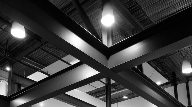 Abstract Architectural Ceiling with Geometric Steel Beams and Modern Lighting in Monochrome photo