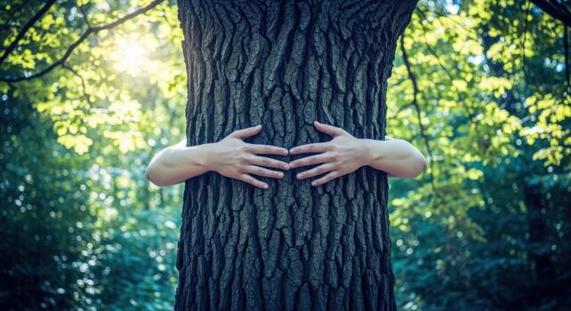 Embracing Nature Person Hugging a Tree in Lush Forest Environment, Symbolizing Environmentalism and Connection photo