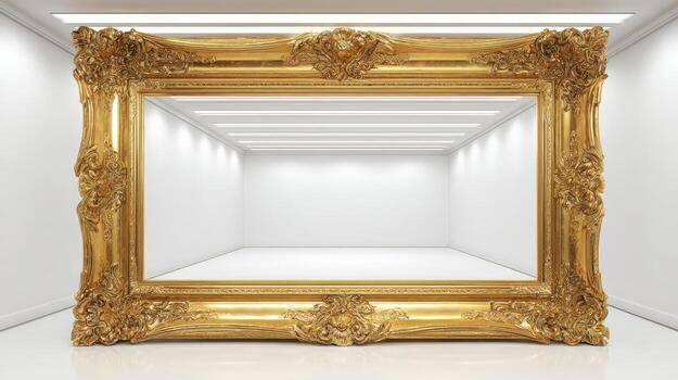 Ornate Gold Picture Frame Displaying Modern Empty Gallery Space, Providing Versatile Background for Artwork or Design photo